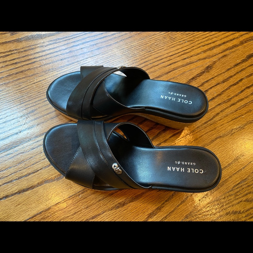 Stylish Cole Haan black wedge with cork bottom